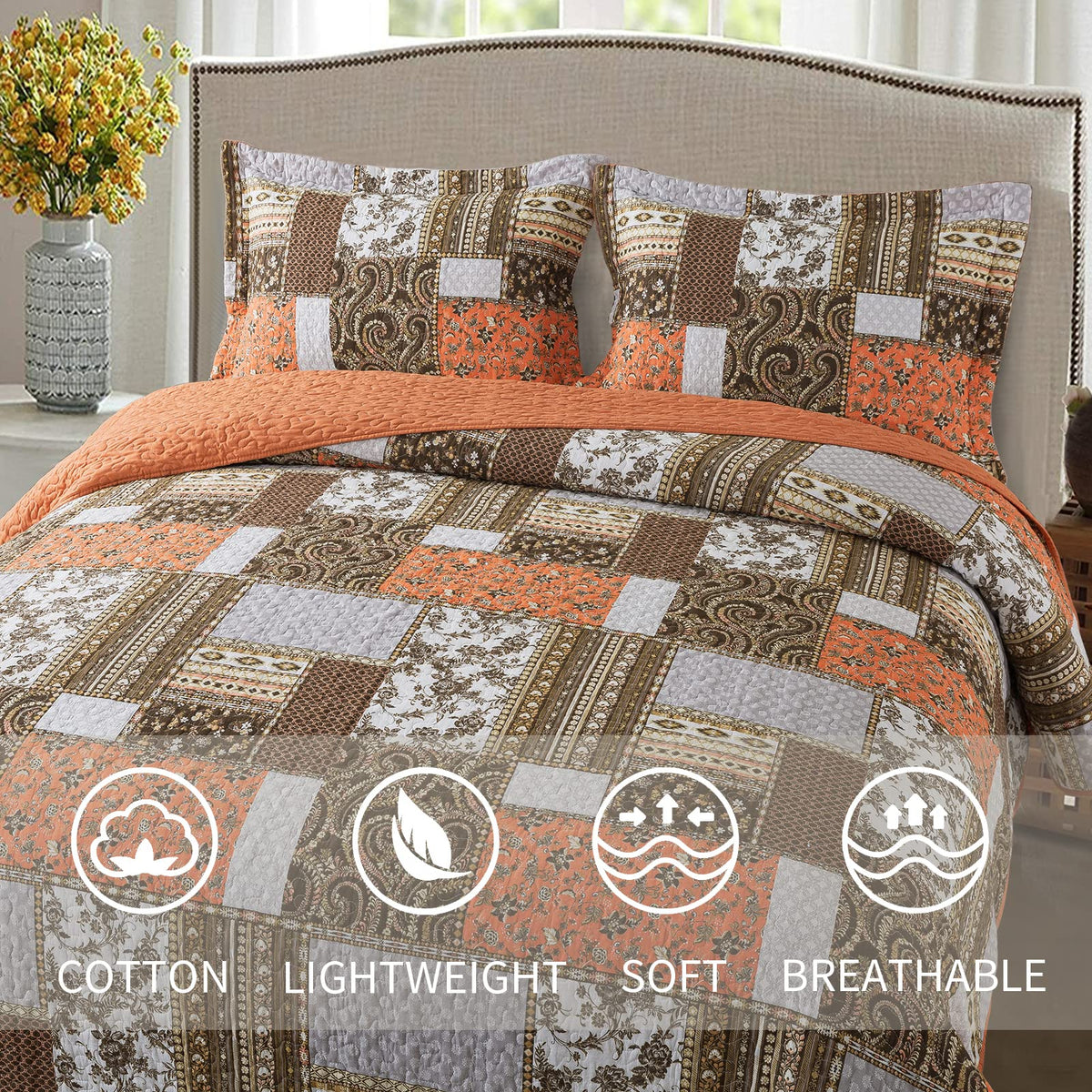VAPUTAR Quilts Queen Size - Fall Cotton Quilt Set Quilted Bedspread Coverlet Lightweighet Bedding Set with Shams for All Season, 3 Piece Boho Patchwork Quitled Bedspread Queen Size (Dream Orange)