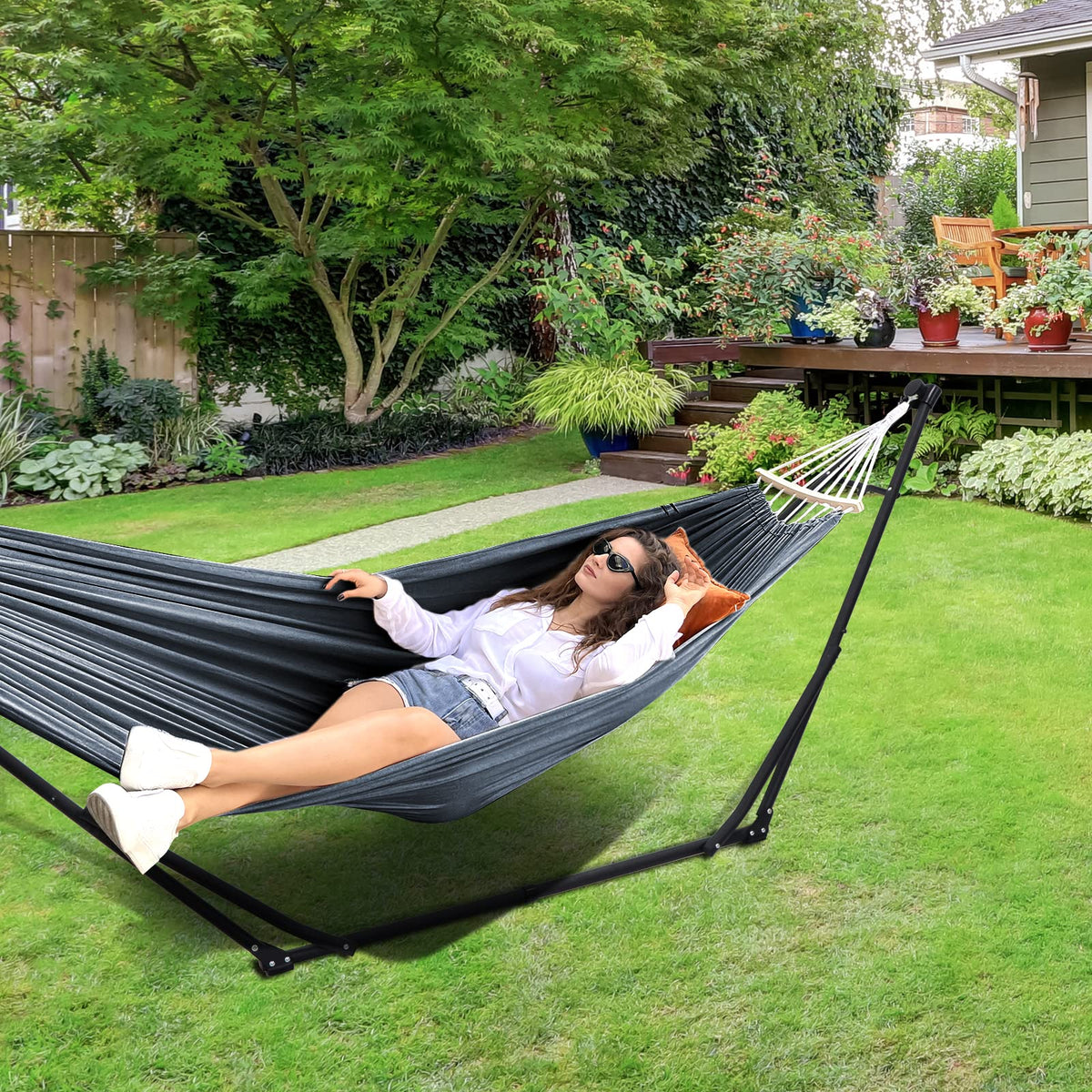 Anyoo 2 in 1 Hammock and Swinging Chair with Collapsible Steel Stand & Carrying Case,Portable & Adjustable,Easy Set Up for Outdoor,Indoor,Porch Swing,Patio,Garden,Camping Trip
