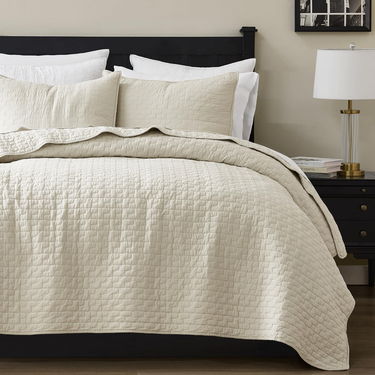 palassio Beige 100% Cotton Quilt California Cal King Size Bedding Sets with 2 Pillow Shams, Textured Oversized Lightweight Bedspread Shabby Chic Coverlet, Soft Bed Cover for All Season, 3 Pieces