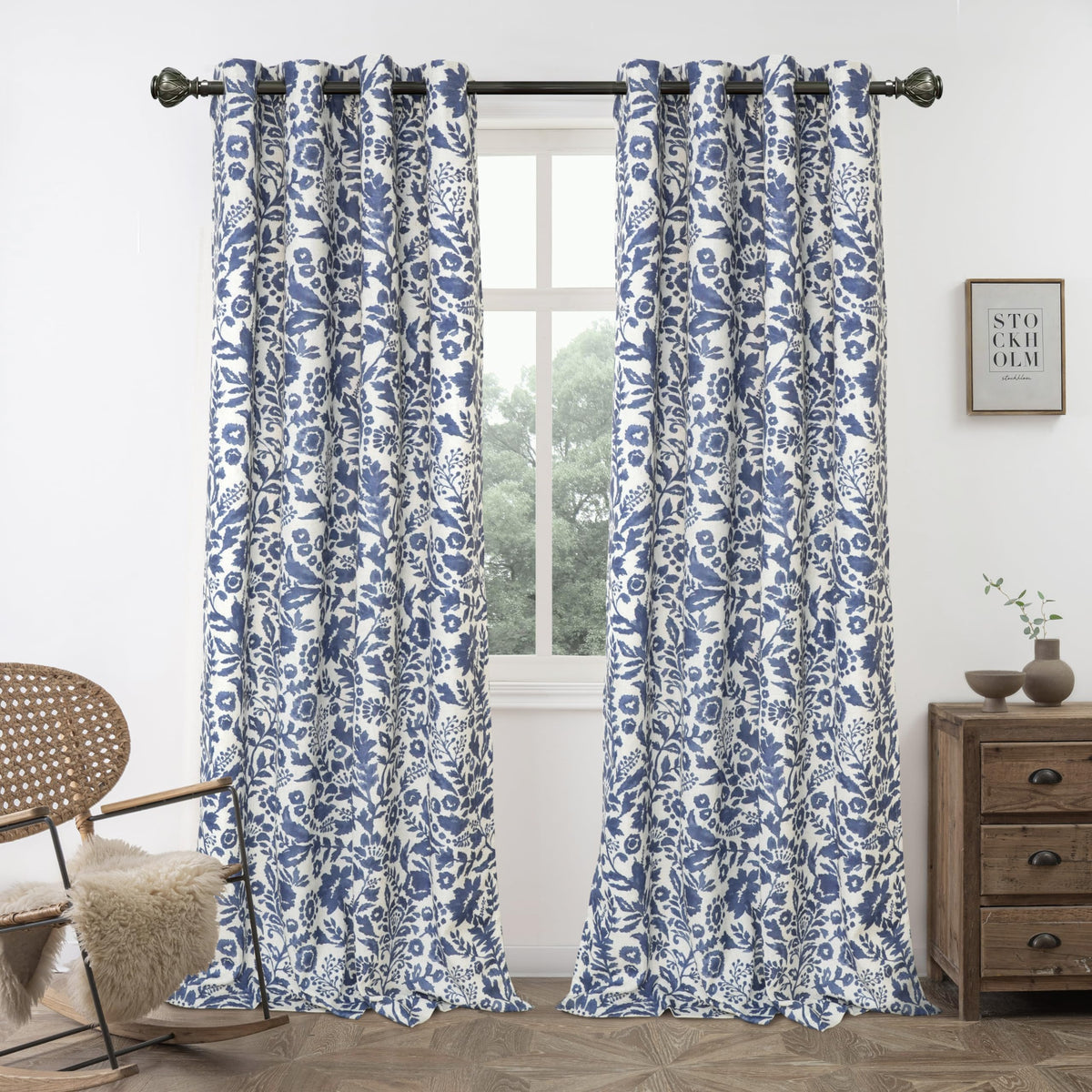 DriftAway Julia 100% Blackout Linen Curtains for Bedroom Navy Floral Watercolor Pattern Double Layer Thermal Insulated Sound Reducing Drapes for Living Room Grommet 2 Panels Each W52 x L84 Linen Navy