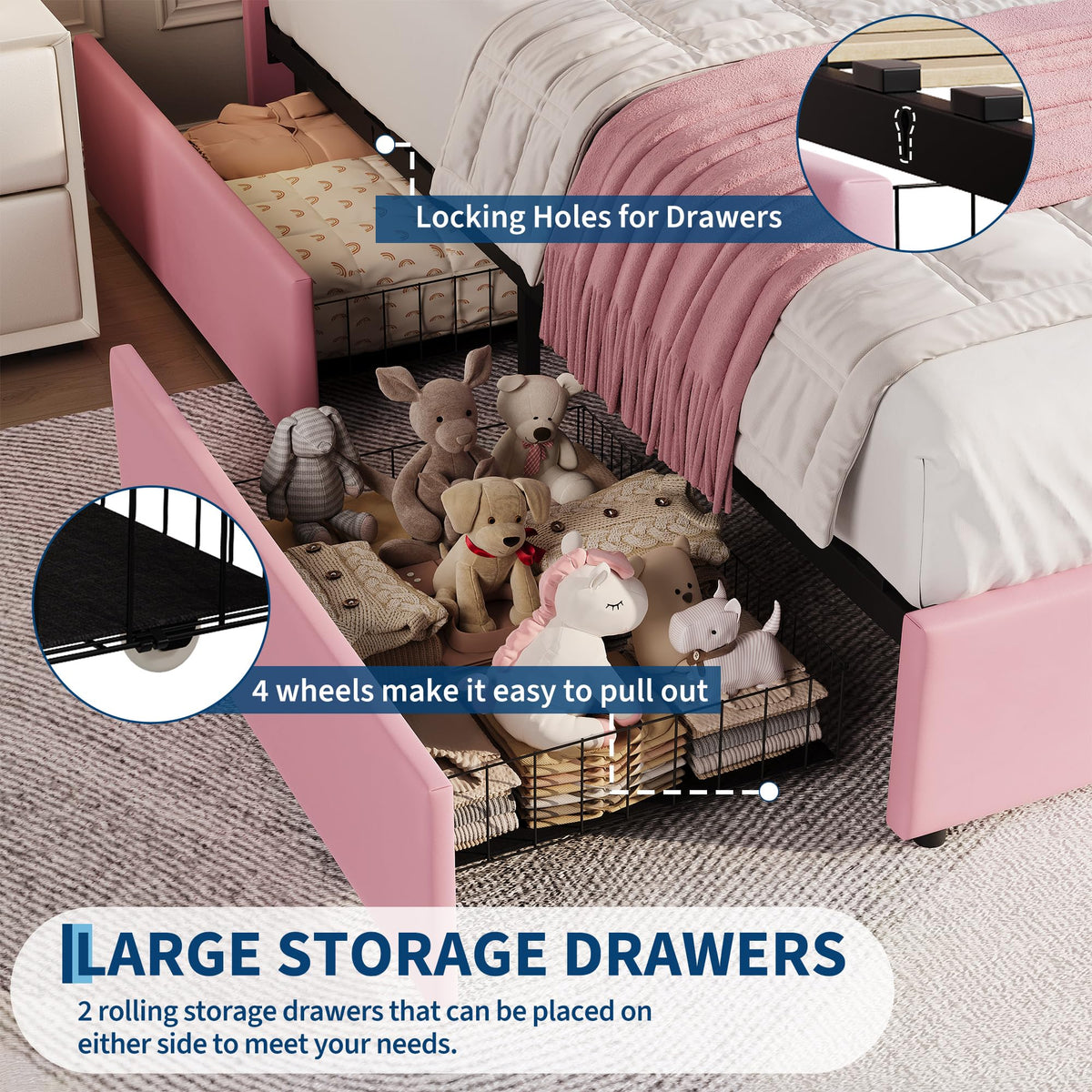 Garvee Full Size Bed Frame with 2 Flexible Drawers, Velvet Upholstered Platform Bed Frame with Bookcase Headboard and LED Lights, Kids Bed for Girls, Easy Assembly, Noise Free, Pink