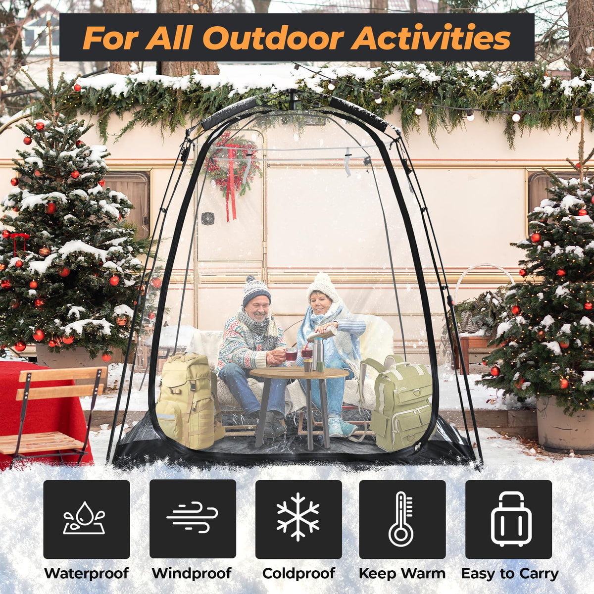 Weather Proof Pod Screen House Pop Up Bubble Tent, Portable Igloo for Camping Outdoor Gazebo Weatherproof Cold Protection Tiny Homes, Black (6x6FT)