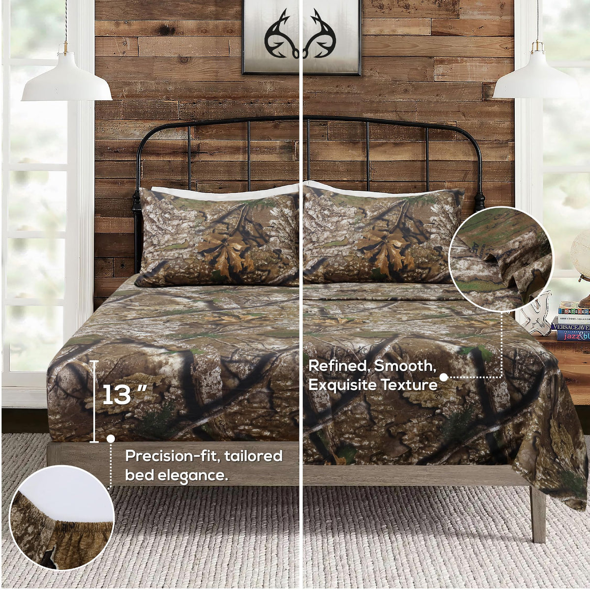 VISI-ONE Realtree APX King Camo 4 Piece Sheet Set – Lightweight, Cooling, Wrinkle-Free Microfiber 13" Deep Pockets Sheets, Unisex Rustic Western Farmhouse Style Made to Complement All Living Spaces