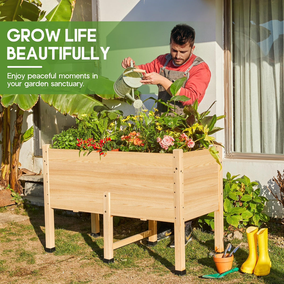 AMERLIFE 4x2 Ft Raised Garden Bed - Features Legs, Drainage Holes, 16 Inch Depth Ideal for Vegetables, Flowers, Herbs, Elevated Wood Planter Box for Balcony, Patio, and Backyard, Easy Assembly