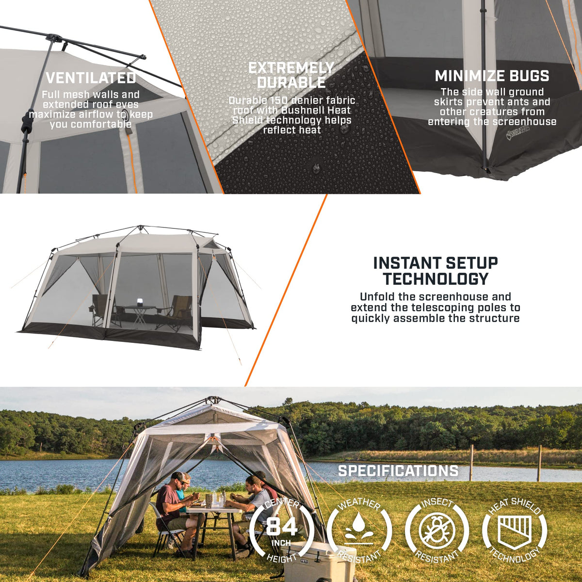 Bushnell Screenhouse with Instant Setup Technology | 14' x 10' Large Size with Extended Eaves Poles to Maximize Space For Camping & Hiking, For 8 Person