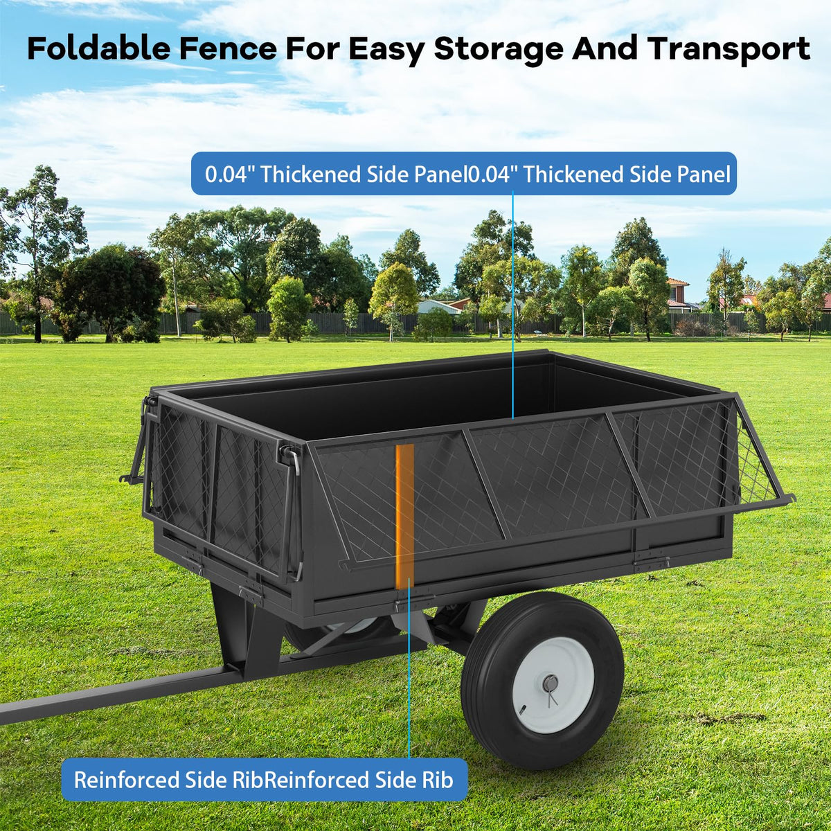 Towallmark 750 Lbs Heavy Duty Dump Cart, 17 Cu ft Steel Utility Wagon with Removable Mesh Sides & Pneumatic Tires, Tow Behind Garden Trailer for Lawn Tractor, Mower, Yard Debris Hauling