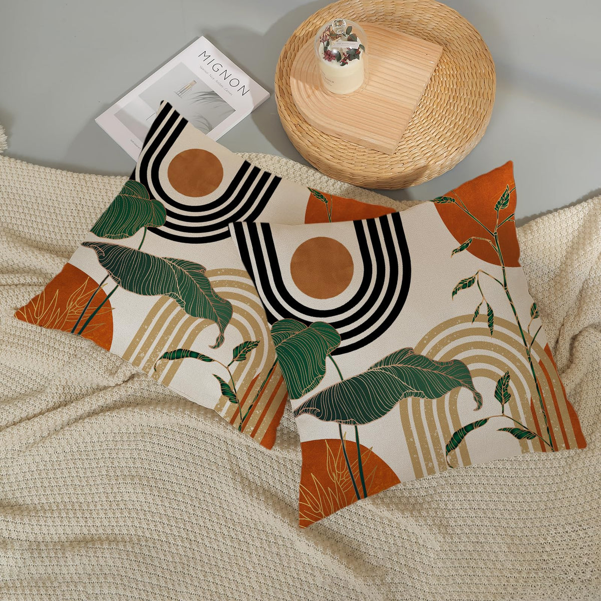 JEFERSO Boho Orange Pillow Covers 18x18 Set of 2 Gold Green Leaf Tropical Mid Century Throw Pillows Outdoor Bohemian Abstract Modern Decorative Pillowcase Farmhouse Cushion Case for Couch Sofa Decor