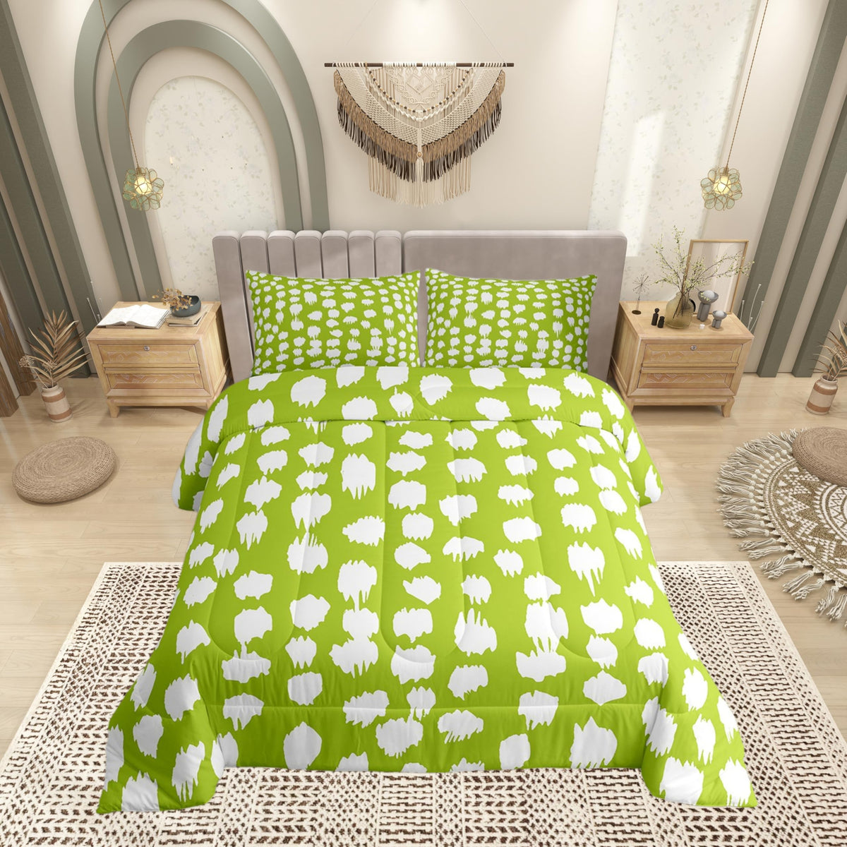 Erosebridal Lime Green Comforter Set Abstract Polka Dots Bedding Set Queen Size Boho Circle Down Comforter for Kids Boys Girls Adults Lime Green Brush Stroke Spots Quilt Duvet Fashion Room Decor