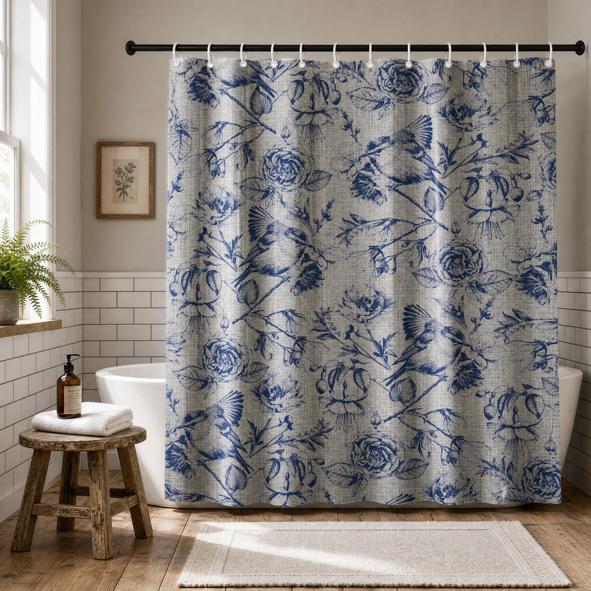 DLTAY Navy Blue Vintage Botanical Shower Curtain, 70x72 Inch