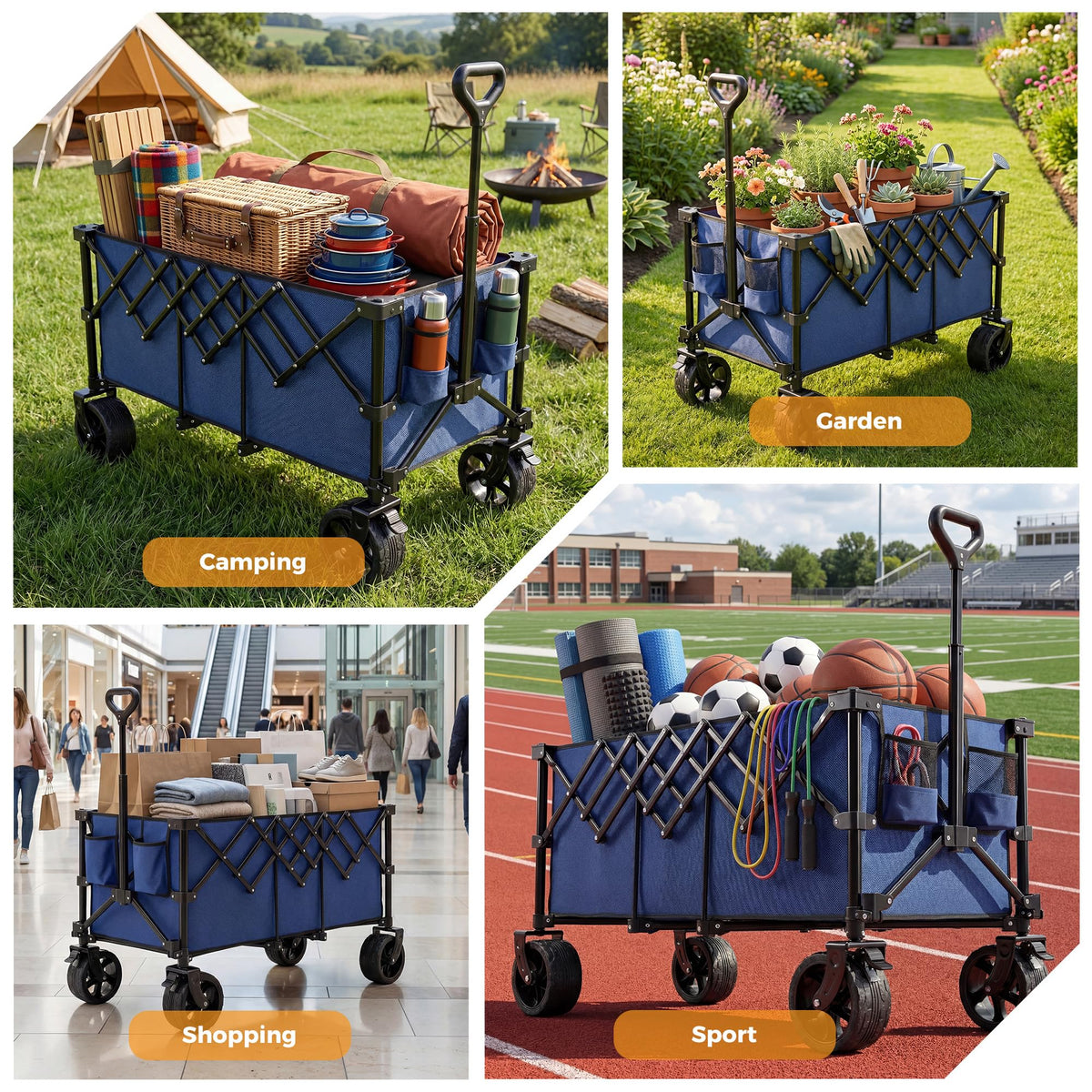 OLIXIS 49" Wagon Cart Collapsible 440lbs Foldable Extra Long Heavy Duty Utility Wagon with Wheels, Portable Storage Grocery Cart for Camping, Shopping, Sports, Beach, Garden, Blue