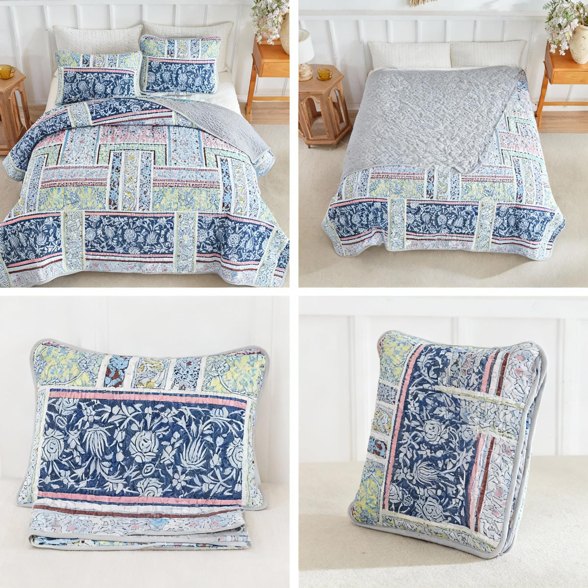Andreannie Boho Style Quilts King Size Bedding Set Quilted Bedspread Blue Bohemian Blue Floral Soft and Lightweight Bedspread for All Season, Bedding Coverlet with 2 Matching Pillow Shams (3 Pieces)
