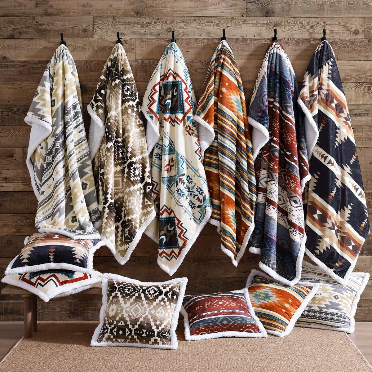 Paseo Road Indigo Hill by HiEnd Accents Spirit Valley Aztec 3 Piece Sherpa Throw Blanket Set, Tribal Navajo Print Fleece Throw Set, Western Southwestern Style, 1 Throw and 2 Throw Pillows