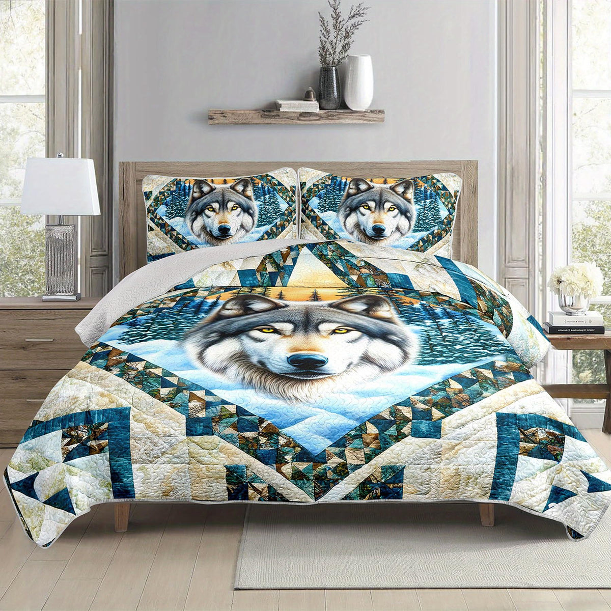Tuzaovy Wolf Animal Quilt Bedding Set Queen Size for Kid Teen,Wolf Bedspread Sets Bedding Cozy Winter Bedroom Decor,Geometric Animal Print Bed Cover Queen for Boys Girls Bedroom Decor