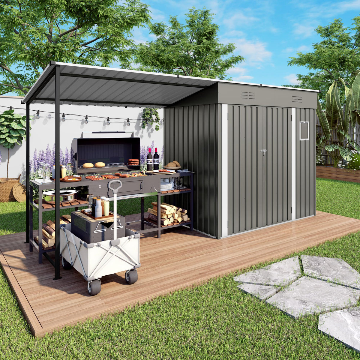 KEIKI Storage Shed 6x4 FT, Small Metal Tool Shed with Gazebo for Outdoor Storage, Galvanized Steel Garden Shed with Lockable Doors for Patio, Backyard, Lawn, Grey