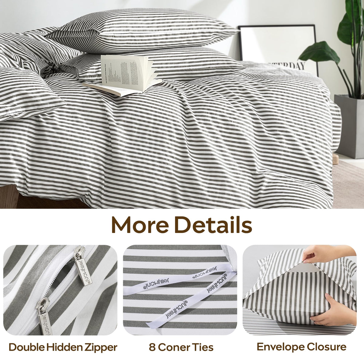 JELLYMONI 100% Natural Cotton 3pcs Striped Duvet Cover Sets,White Duvet Cover with Grey Stripes Pattern Printed Comforter Cover,with Zipper Closure & Corner Ties(Queen Size)