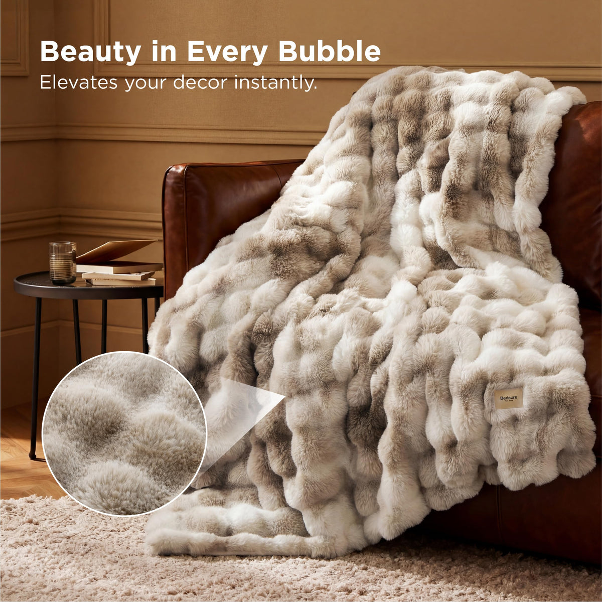 Bedsure Soft Fluffy Faux Fur Throw Blanket for Couch Sofa Chair, Fuzzy Fleece Bubble Blanket Cozy Gifts for Women Men Teen Girls, Taupe Brown Cloud Throw Minky Bed Cover Thick Warm Plush Bedding