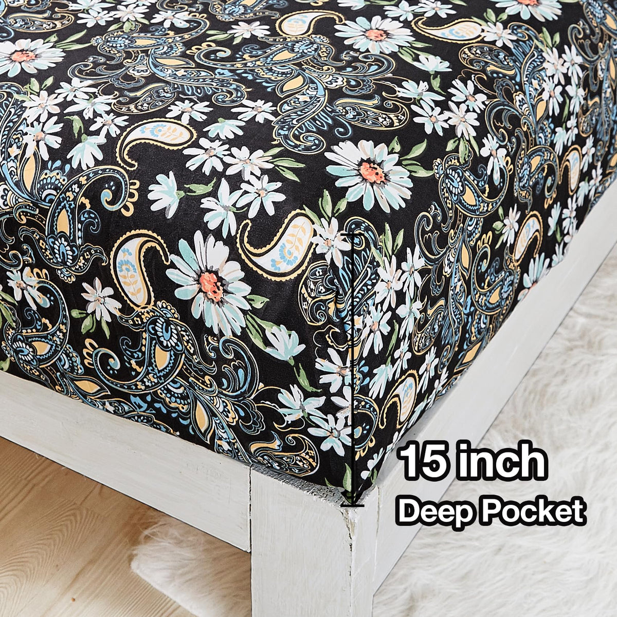 JSD Black Paisley Floral Printed Sheet Set King Size, 4 Piece Soft Pattern Microfiber Sheets Extra Deep Pocket