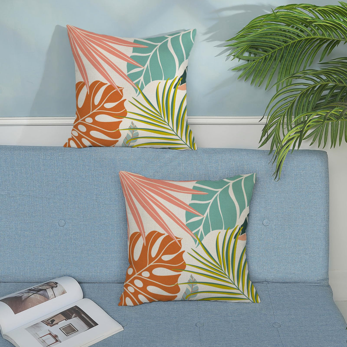 GOLIANDA Summer Tropical Pillow Covers 18x18 Set of 2, Monstera Palm Leaf Pillowcase Green Orange Botanical Coral Summer Throw Pillows Outdoor Decor Farmhouse Cushion Case Linen Decorative for Home