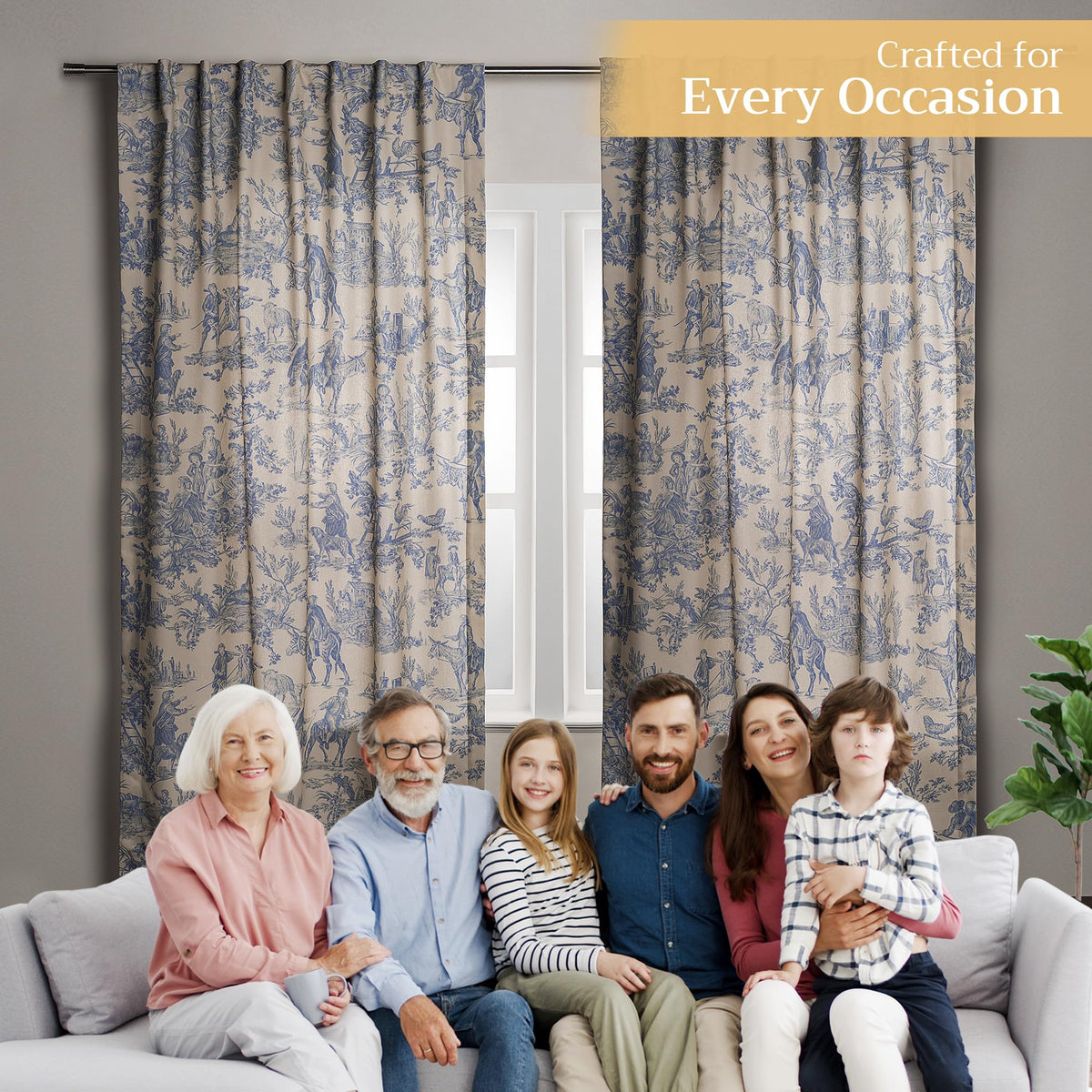 Maison d' Hermine Curtains for Living Room 100% Cotton 96 inch Length One Panel Light Filtering Toile Curtains for Bedroom Windows with Rod and Loop Pockets Drapes (The Miller Blue, 50" W x 96" L)