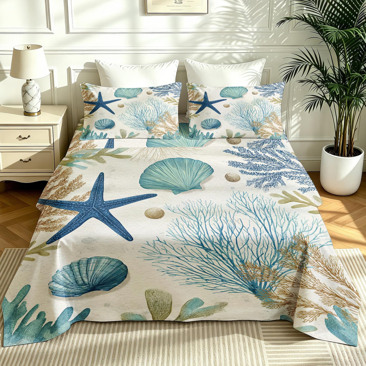 Seashell Coral Full Sheet Set 4 Pcs Coastal Bed Sheets