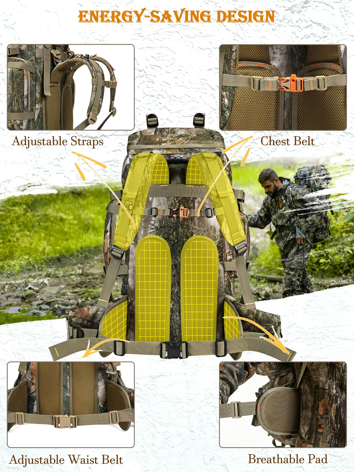 NEW VIEW 60L Hunting Backpack with Waterproof Rain Cover & Bino Packs for Hunting - Binocular Straps Harness Chest Pack
