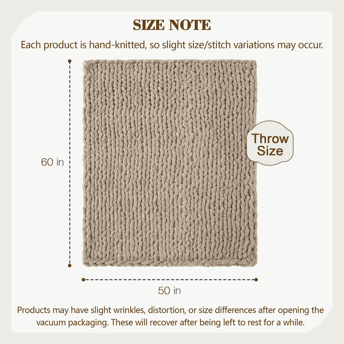 Carriediosa Chunky Knit Throw Blanket 50" X 60", 100% Hand Made Large Chenille Loop Yarn Soft Fluffy Throws for Couch Sofa Bed, Big Crochet Cozy Heavy Thick Cable Woven Blankets, Taupe