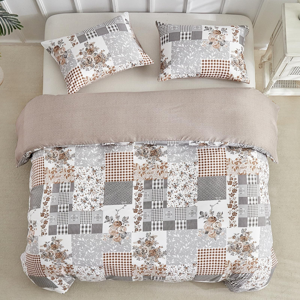 Lekesky King Size Duvet Cover Set, Patchwork Floral 3 Pieces Reversible Grey Duvet Cover Set, Ultra-Soft Microfiber 3 Pieces Comforter Cover with Zipper and Corner Ties, Includes 2 Pillowcases