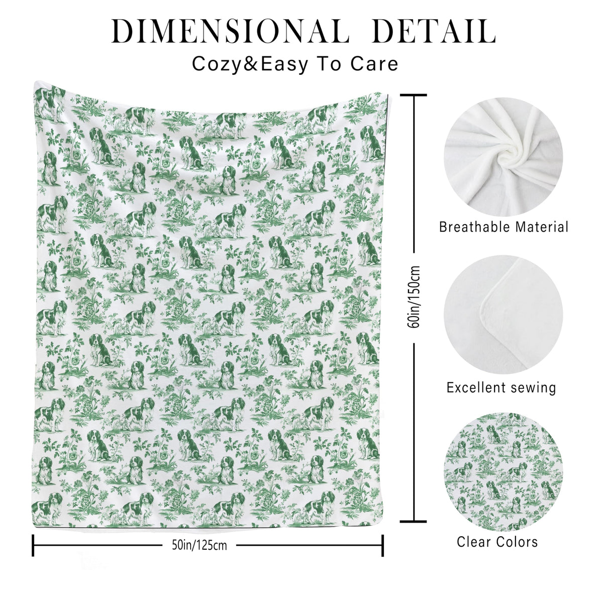 BUJSP Sage Green Chinoiserie Cavalier King Charles Spaniel Blanket, Springer Spaniel GOG Gifts,Green and White French Country Toile Dog Throw Blanket for Home Bedroom Couch Bed Decor, 50x60 Inches