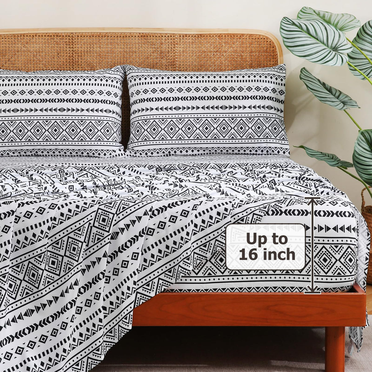 CozySmile King Size Sheet Set 4 Piece,Soft & Breathable Bedding Deep Pocket 16" Cooling Wrinkle Free Comforter Bed Set Western Sheets Geometric(King, Black White Geometric)
