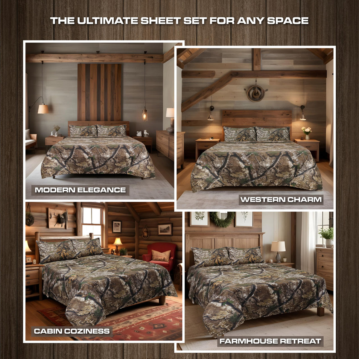 VISI-ONE Realtree APX King Camo 4 Piece Sheet Set – Lightweight, Cooling, Wrinkle-Free Microfiber 13" Deep Pockets Sheets, Unisex Rustic Western Farmhouse Style Made to Complement All Living Spaces