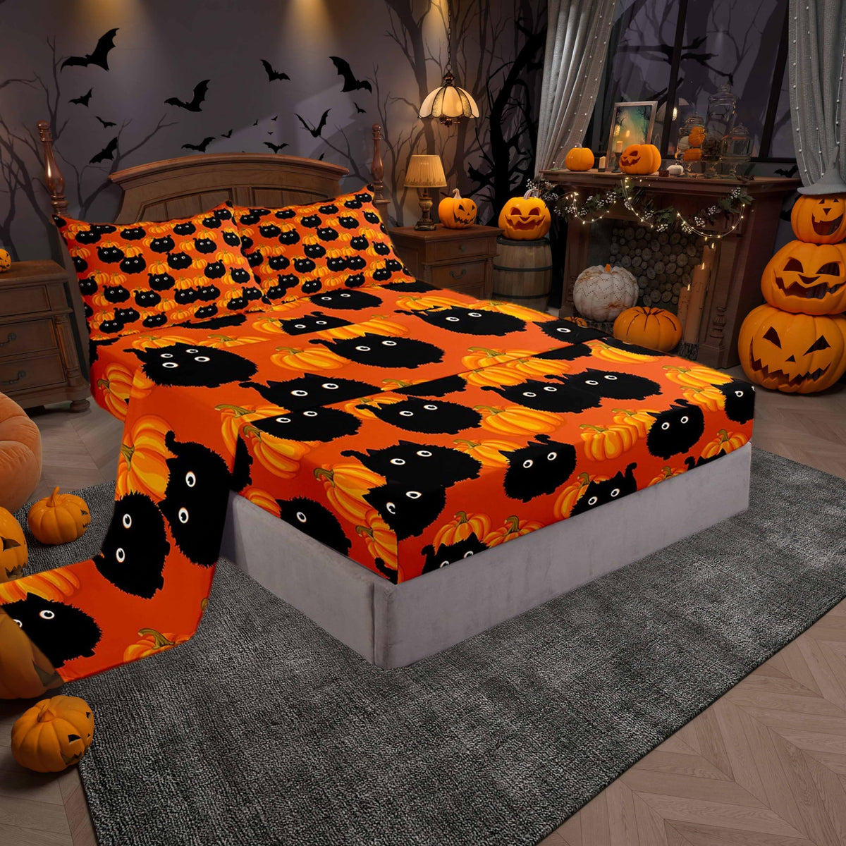 Black Cat Orange Pumpkin Bed Sheet 4 Piece,Halloween Cartoon Animal Sheets Full Size Bed Set,Cute Graffiti Farmhouse Style Bedding Set with Flat,Fitted Sheet,2 Pillow Cases