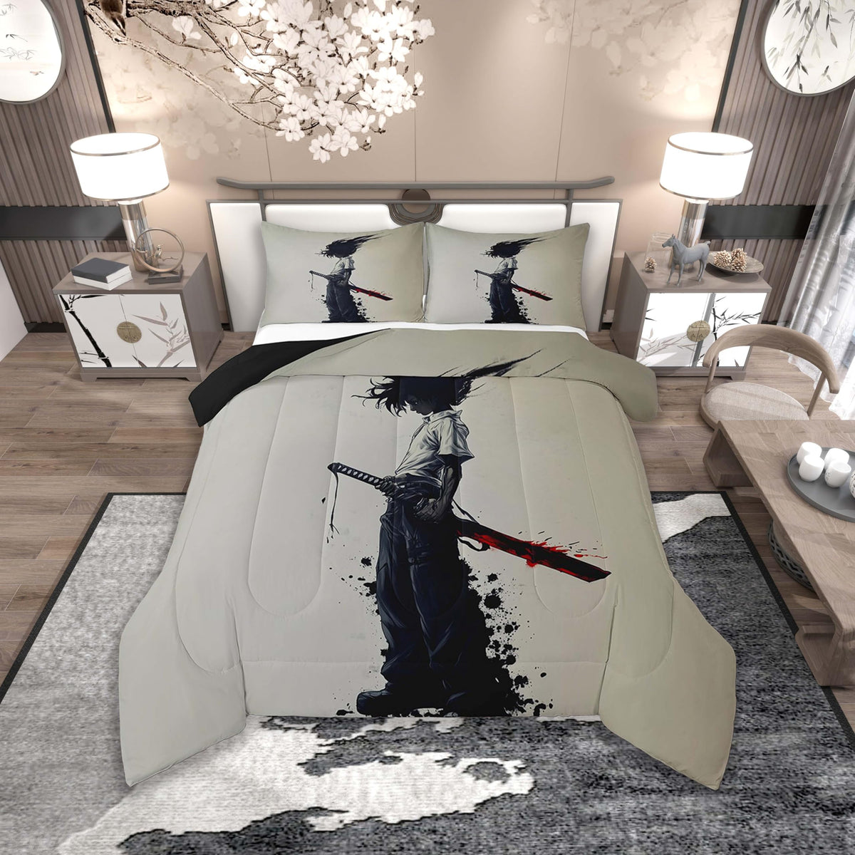 jejeloiu Kids Afro Samurai Comforter Set Queen Size Anime Bedding Set for Boys Girls Japanese Style Duvet Quilt,1 Comforter+ 2 Pillow Shams