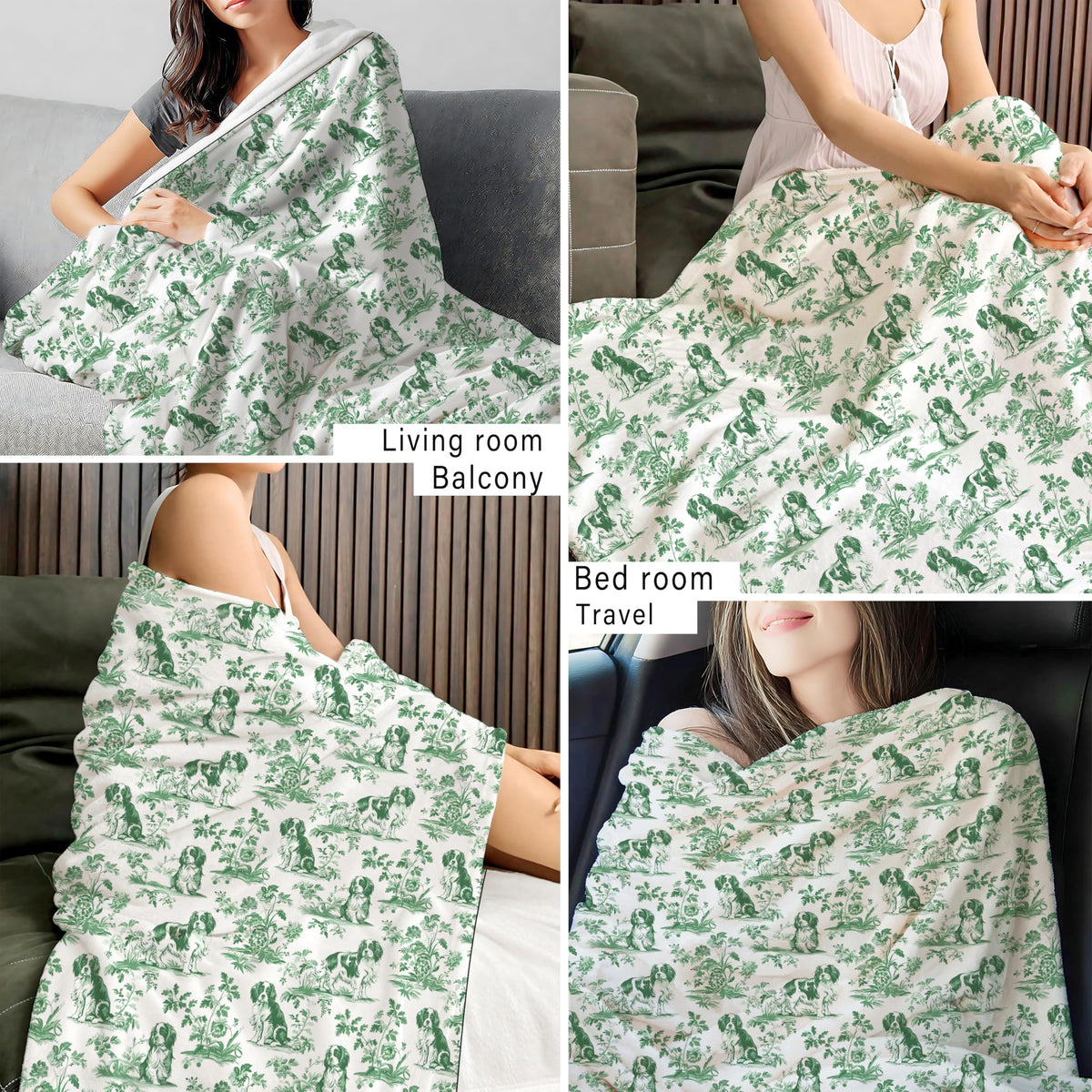 BUJSP Sage Green Chinoiserie Cavalier King Charles Spaniel Blanket, Springer Spaniel GOG Gifts,Green and White French Country Toile Dog Throw Blanket for Home Bedroom Couch Bed Decor, 50x60 Inches