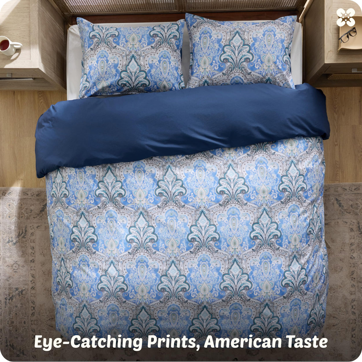 Bedsure Duvet Cover Queen Size - 100% Cotton Reversible Classic Paisley Damask Pattern Duvet Cover Set, 3 Pieces Soft & Breathable PureWoven Bedding Set with 2 Pillow Shams (Blue Paisley 90"x90")