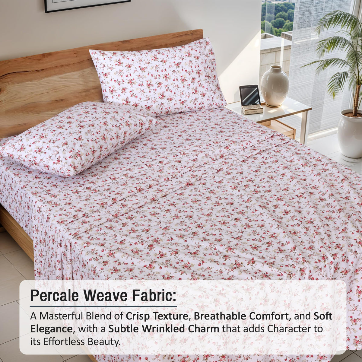 RUVANTI 100% Cotton Percale Sheets Queen Size, Bouquet