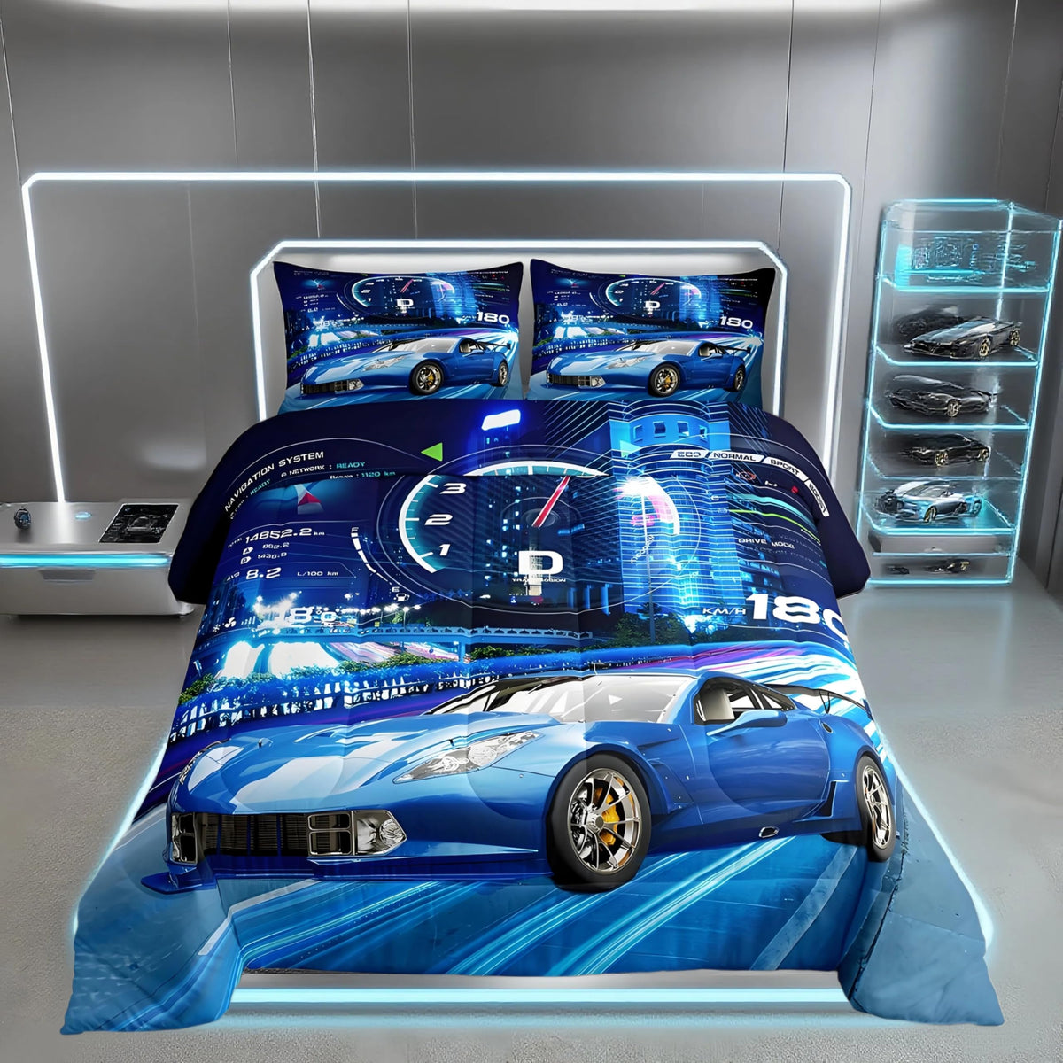 Feelyou Boys Race Car Down Duvet Cool Sports Car Comforter Set for Kids Boys Girls Extreme Sports Bedding Set Blue Automobile Car Comforter 1 Comforter Set with 2 Pillowcases Full Size