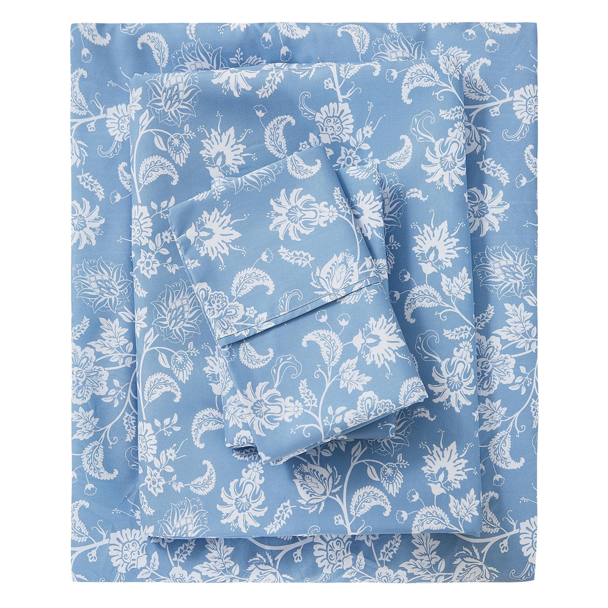 Mooreeke Cozy Vintage Microfiber Printed Queen Sheet Set - Soft & Breathable Percale Blue Paisley Bed Sheets with Extra Deep Pocket - Non-Slip Fitted Design - Blue Flower Pattern - Queen