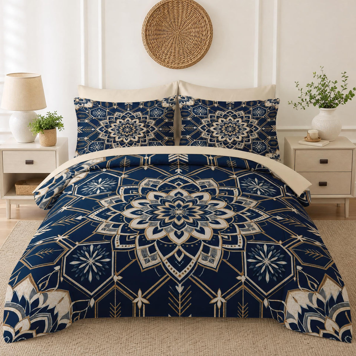 Boewywh Comforter Set Twin Size Mandala Boho Geometric 7 Pcs, Bedding for Kids and Adults, Southwestern Blue Bed Sheet Sets with Fitted Sheet 2 Pillowcases & 2 Shams for Bedroom Bed Decor