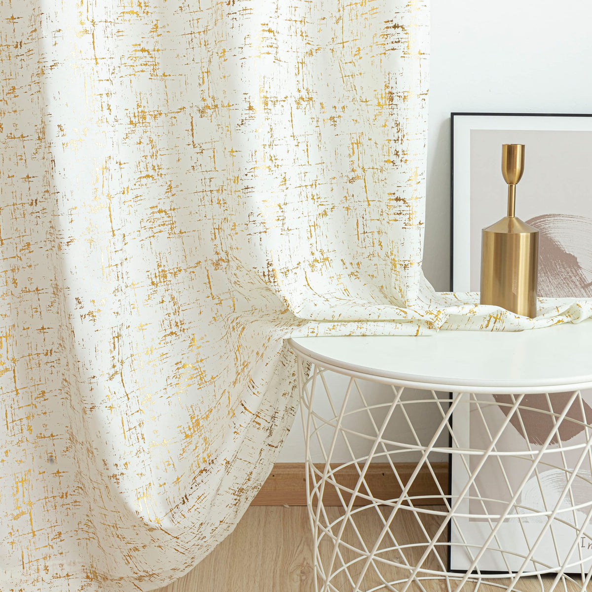 Taisier Home Gold Foil Print Linen Textured Curtains Geometric Dots Pattern Design Curtains for Nursery Toy Room Thermal Insulated Window Treatment 2 Panels 63" L,Off White and Gold Drapes Print