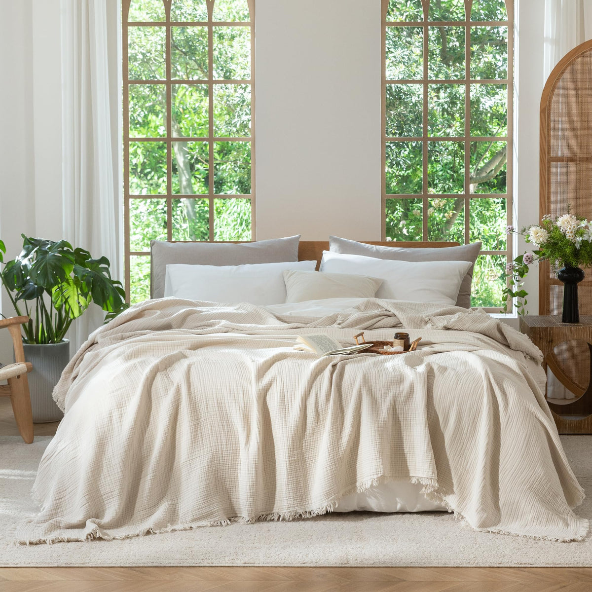MooMee Muslin Blanket - 100% Cotton 4-Layer Gauze Throw Blanket with All-Around Fringe, Soft Breathable Lightweight Cooling Summer Blankets for Bed Couch (Beige,Queen 90" x 90")