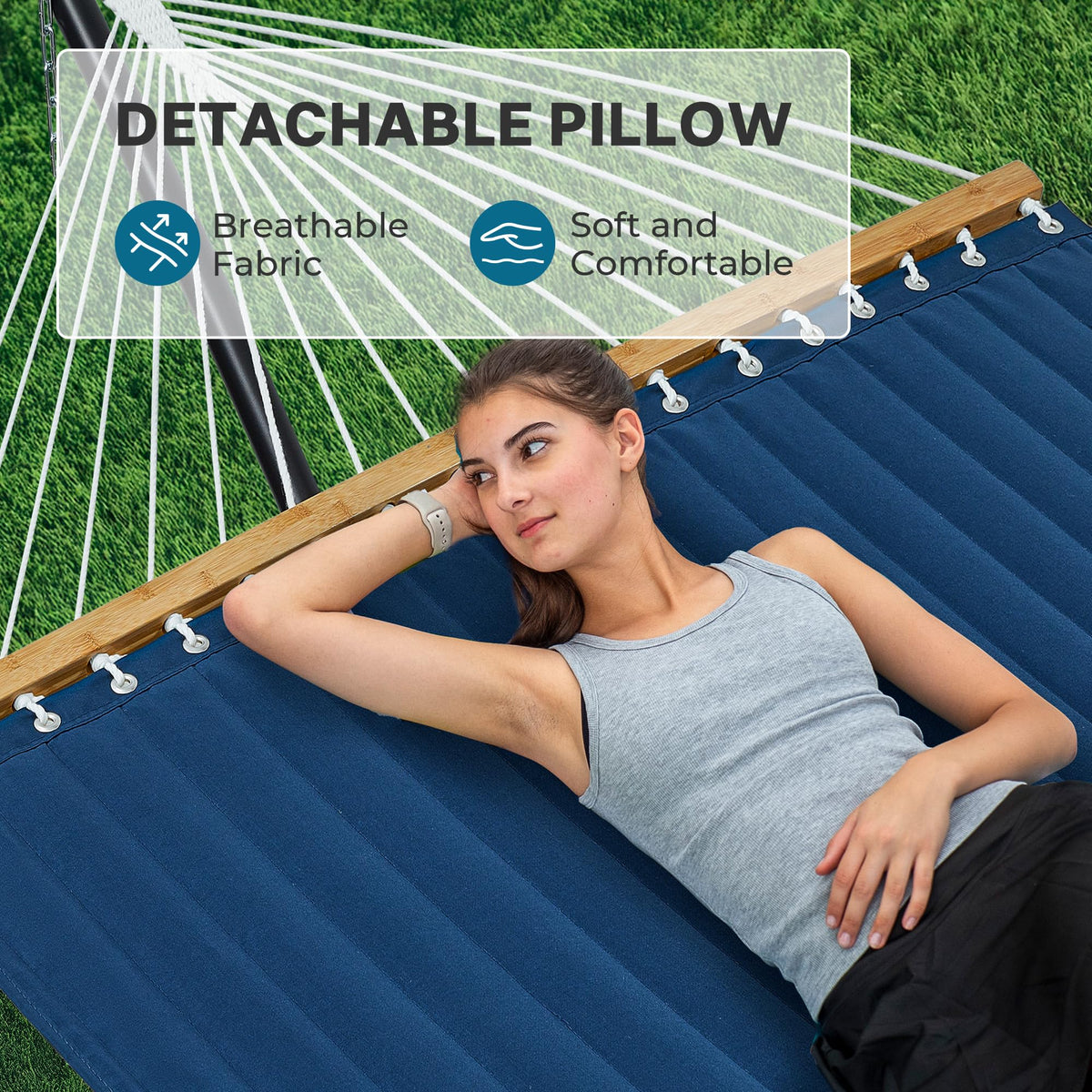 SUPERJARE Hammock with Stand, 2 Person Quilted Outdoor Hammock, Detachable Pillow & Bamboo Spreaders, Portable Hammock with Carrying Bag, Heavy Duty Stand, Perfect for Outside, Patio, Navy Blue