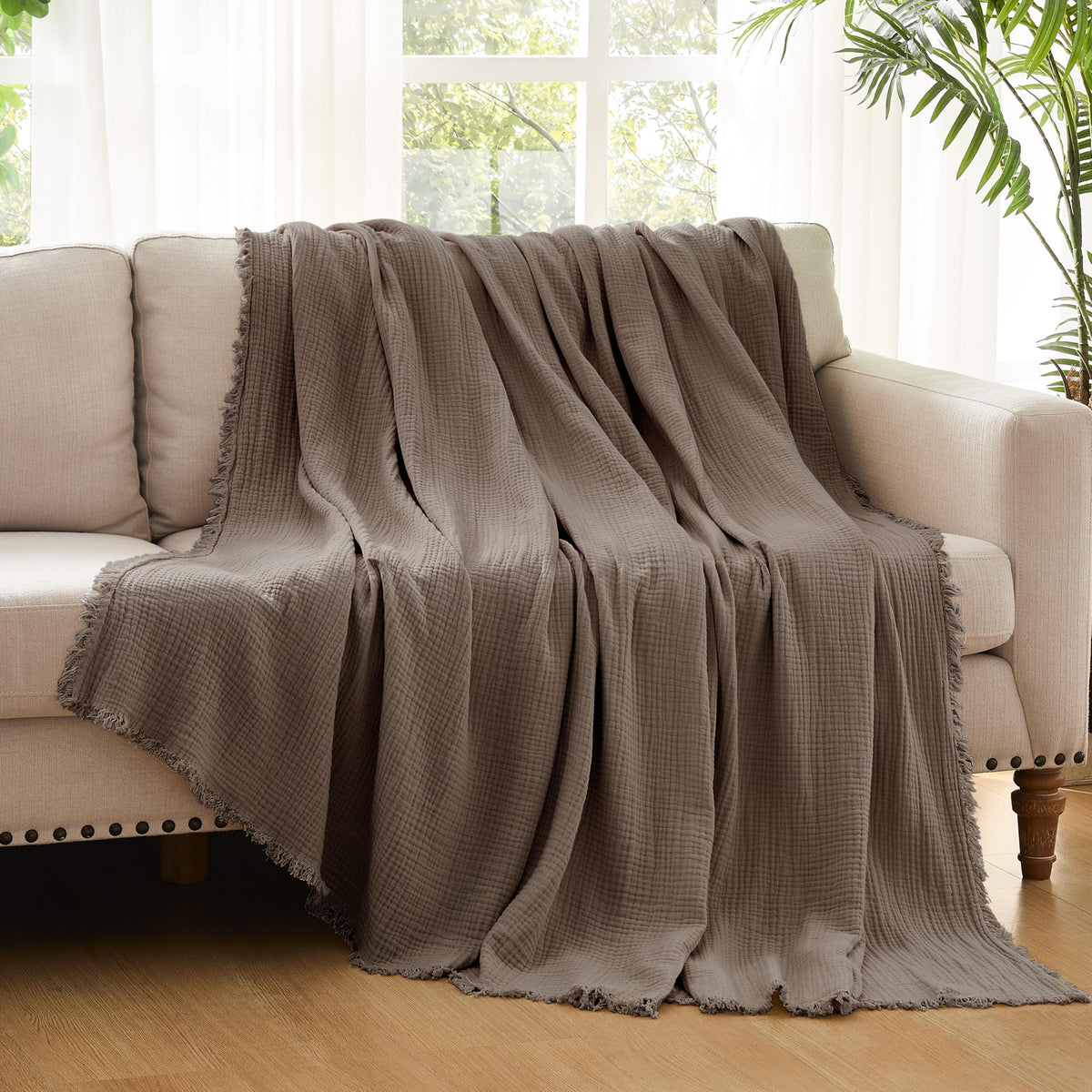WDCOZY Muslin Throw Blanket 100% Cotton Blankets 4-Layer Breathable Lightweight Soft for Couch Boho Farmhouse Linen Tassels Ruffle Gauze Blankets 50x60 Inches Brown Mocha Chocolate Coffee Taupe