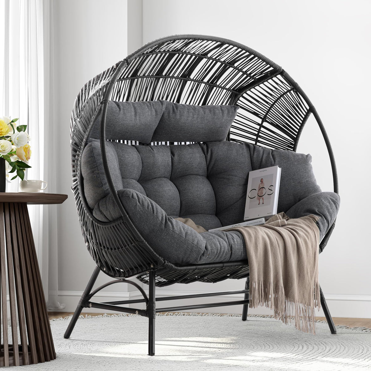 IRONCK 2 Person Egg Chair Outdoor Indoor, Oversized Double Wicker Lounge Chair, Thickened Padded Cushions and Headrests, 680Lbs Egg Loveseat for Patio, Balcony, Living Room, Porch, Gray