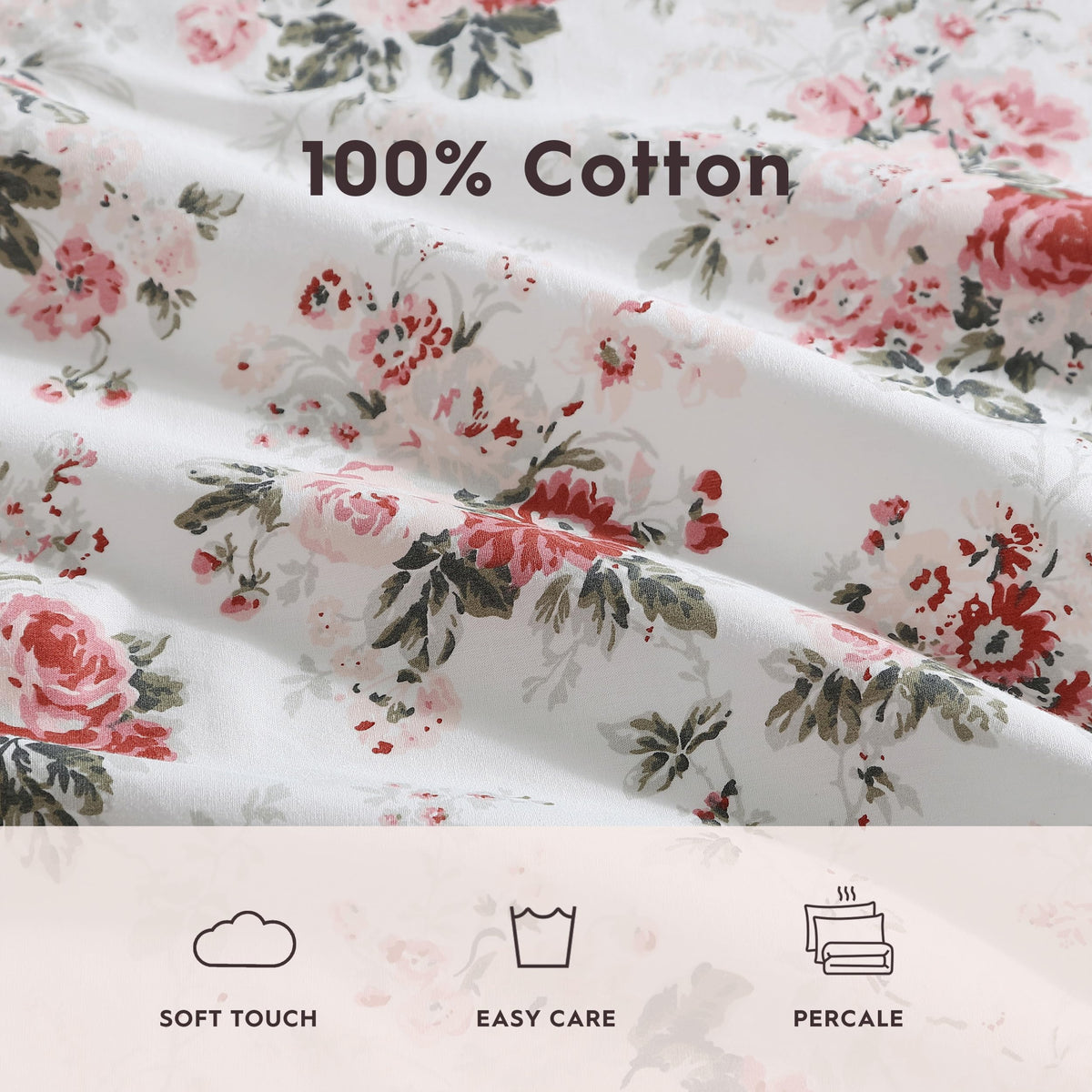 Laura Ashley - King Sheets, Cotton Percale Bedding Set, Lightweight & Breathable Home Decor (Ashfield Pink, King)