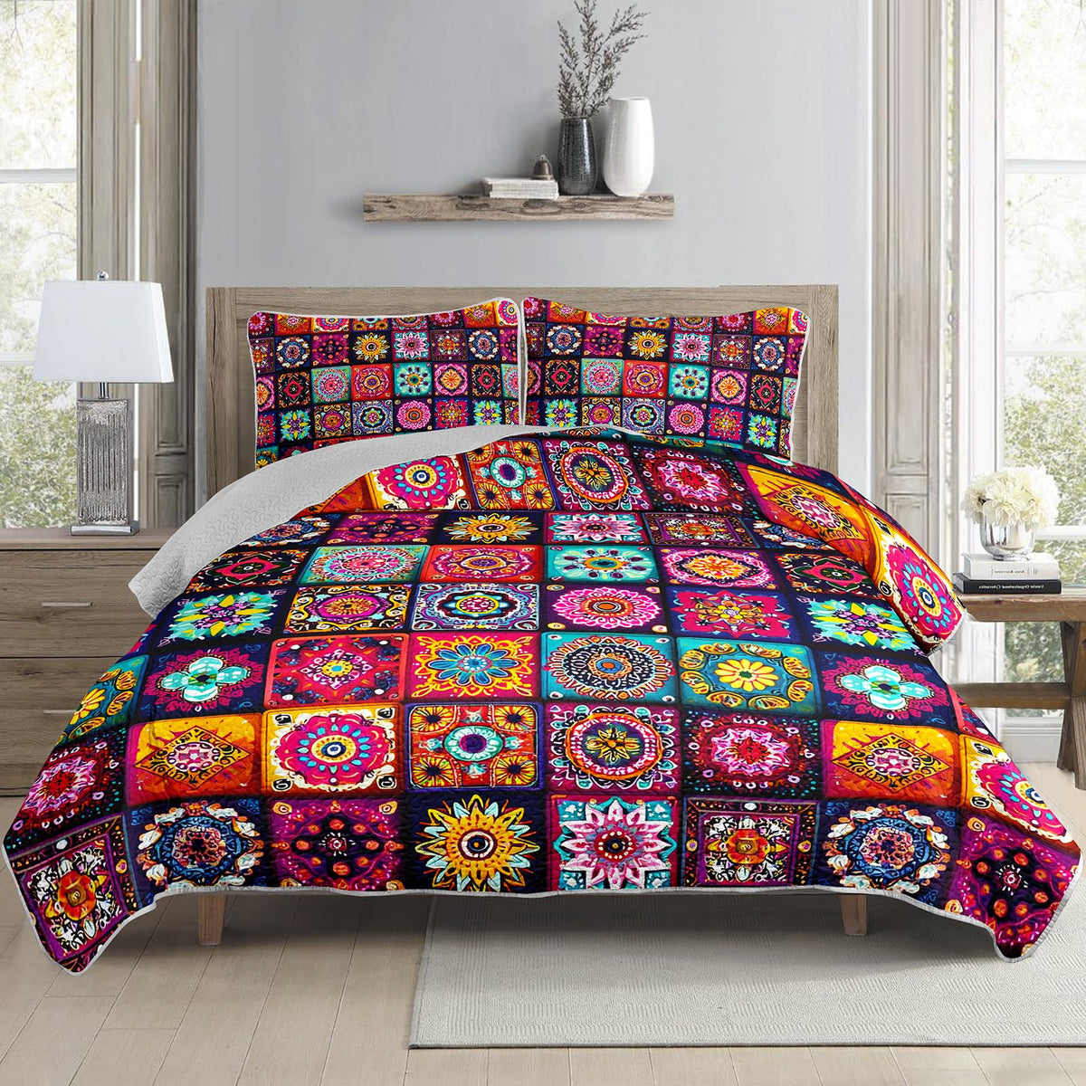 AILONEN Boho Floral Quilt Set Queen Size, Colorful Mandala Bohemian Ethnic Flower Bedspread Coverlet,Microfiber Bed Cover 3Pcs,2 Pillowcases