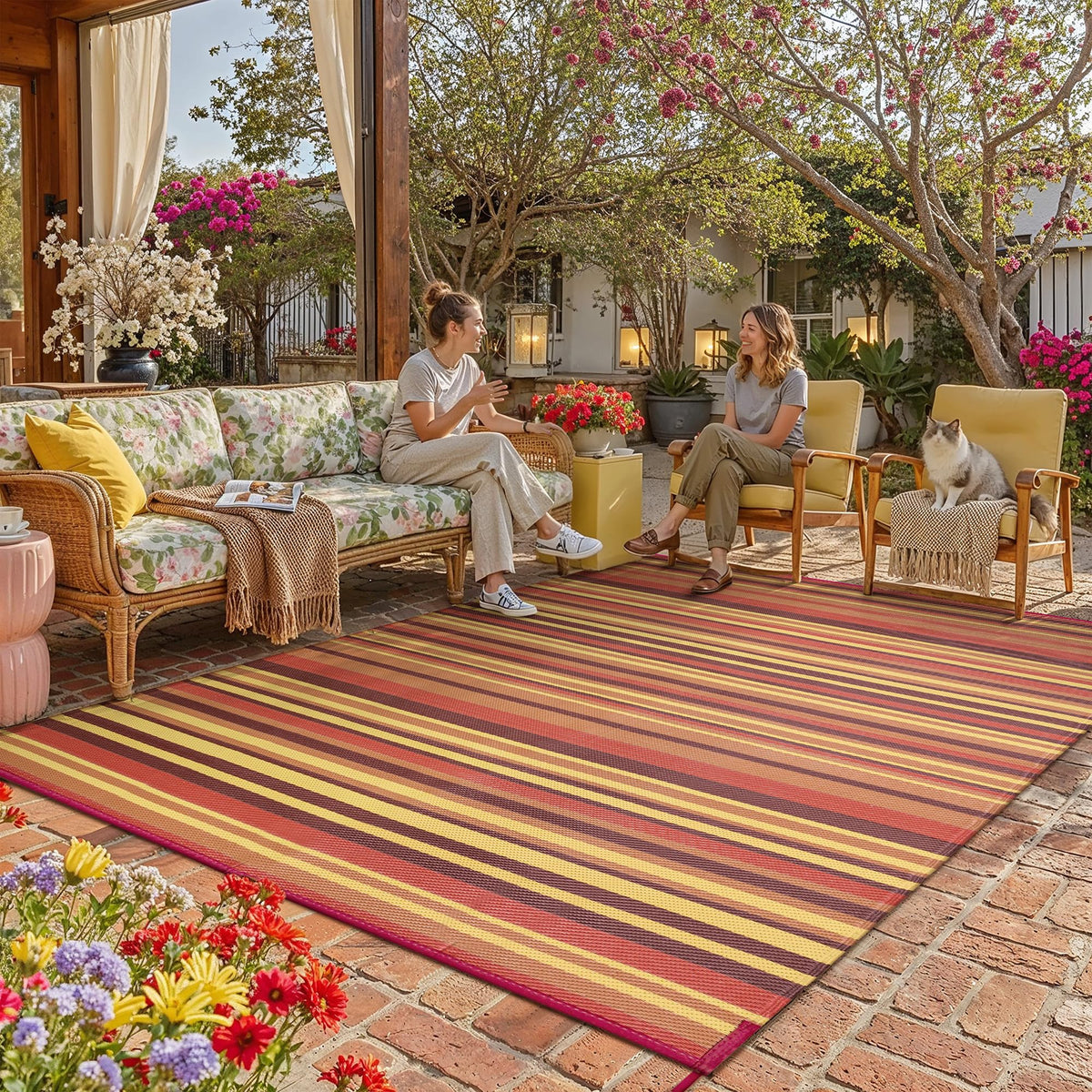 WondRg Outdoor Plastic Straw Rug Waterproof Patio 9x18 Red Orange Stripe Mat for Porch Camping RV Balcony Deck Courtyard Reversible Lightweight Durable Portable Carpet