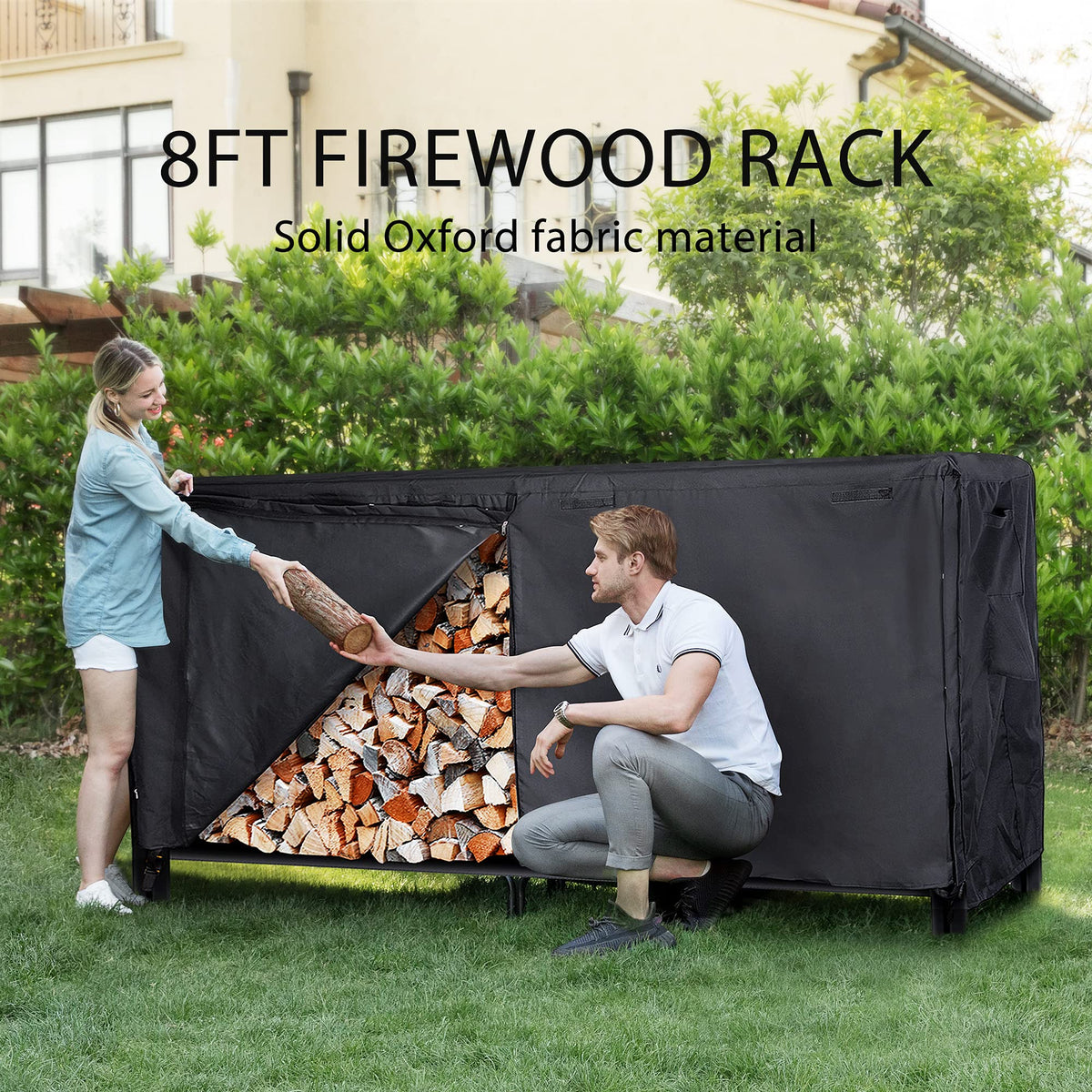 VIVOHOME 8ft Firewood Log Rack Cover, Heavy Duty 600D Oxford, Double Layer Outdoor Weather Resistant with 8ft Heavy Duty Indoor Outdoor Firewood Storage Log Rack with Cover Combo