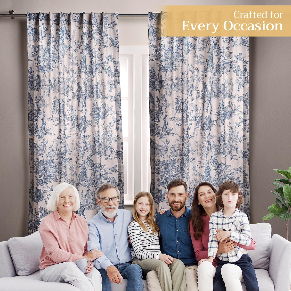 Maison d' Hermine Curtains for Living Room 100% Cotton 96 inch Length One Panel Light Filtering Toile Curtains for Bedroom Windows with Rod and Loop Pockets Drapes (The Miller Denim, 50" W x 96" L)