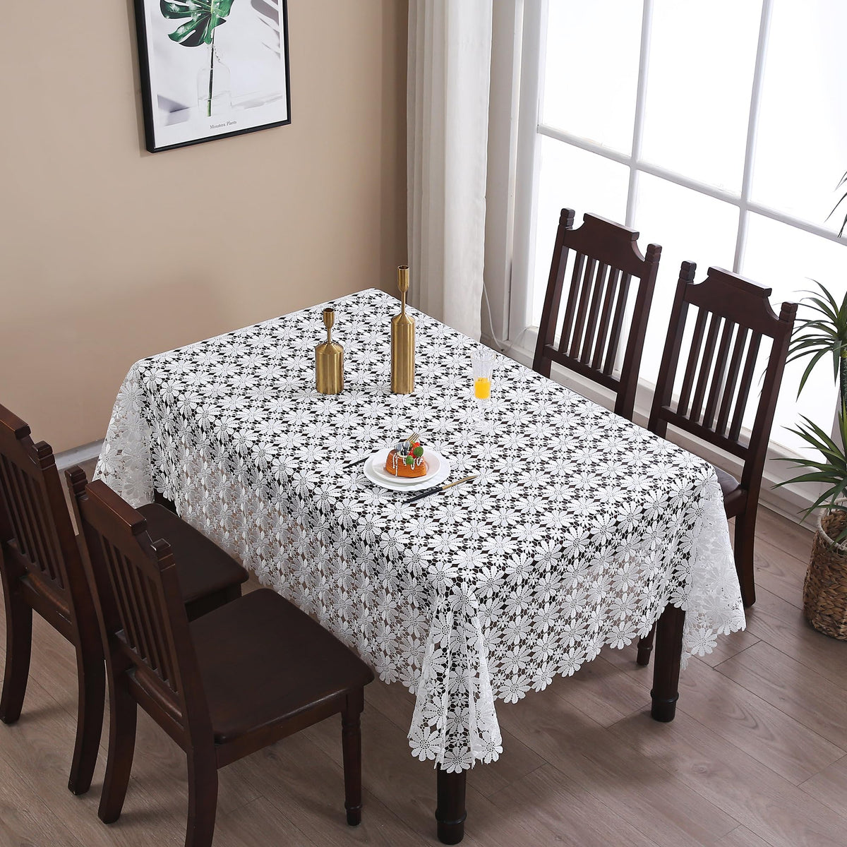 Farmhouse Tablecloth Crochet Lace White Table Cloth Rectangle Rustic Fabric Sheet Outdoor 6ft Table Cover For Dining Kitchen/Restaurant/Picnic/Holiday/Birthday/Party/Summer/Spring/Fall/Christmas
