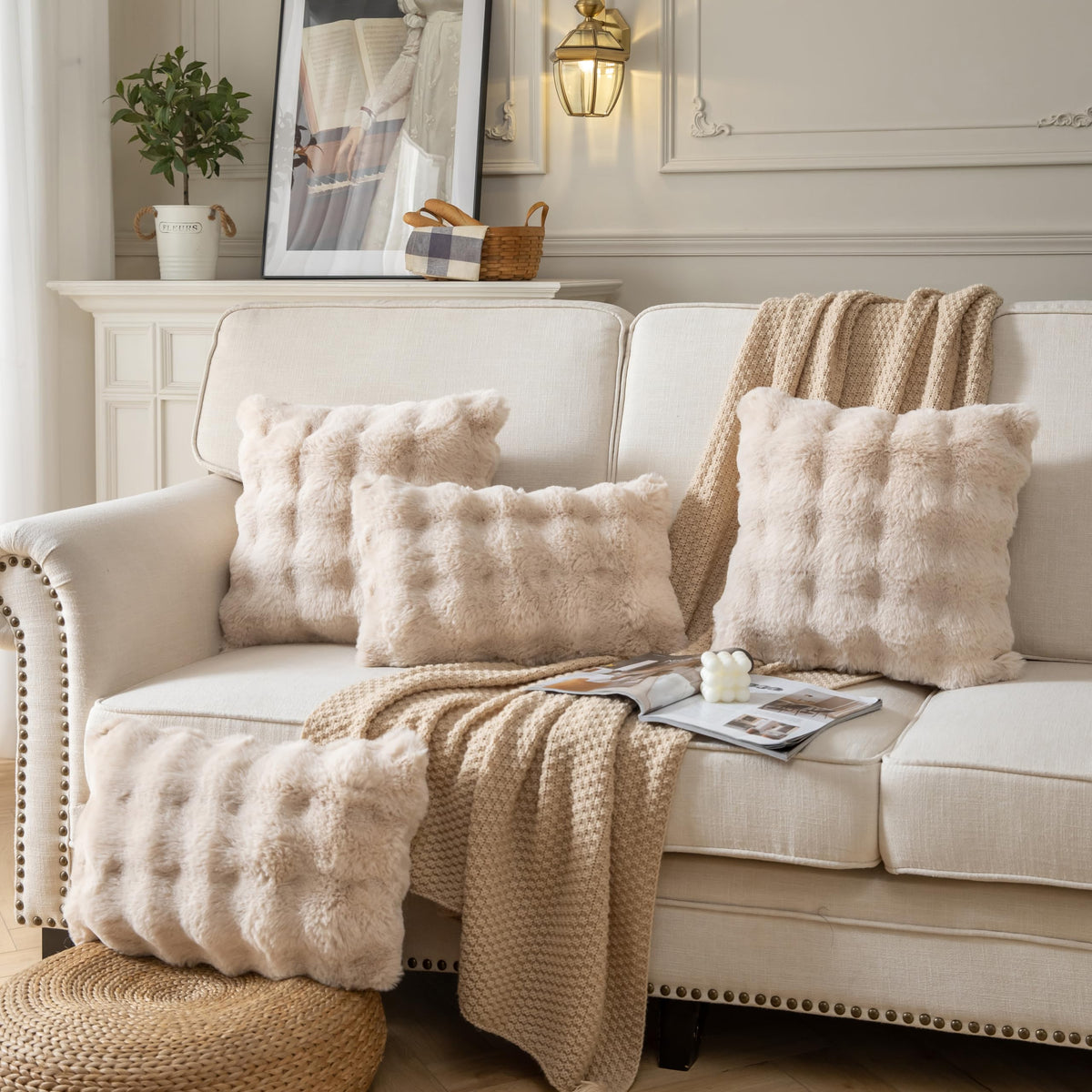 Joyouth Pack of 2 Thick Plush Throw Pillow Covers Fluffy Wave Faux Fur Decorative Cushion Covers Soft Wool Pillowcase for Sofa Couch Livingroom 16x16 Inch Beige